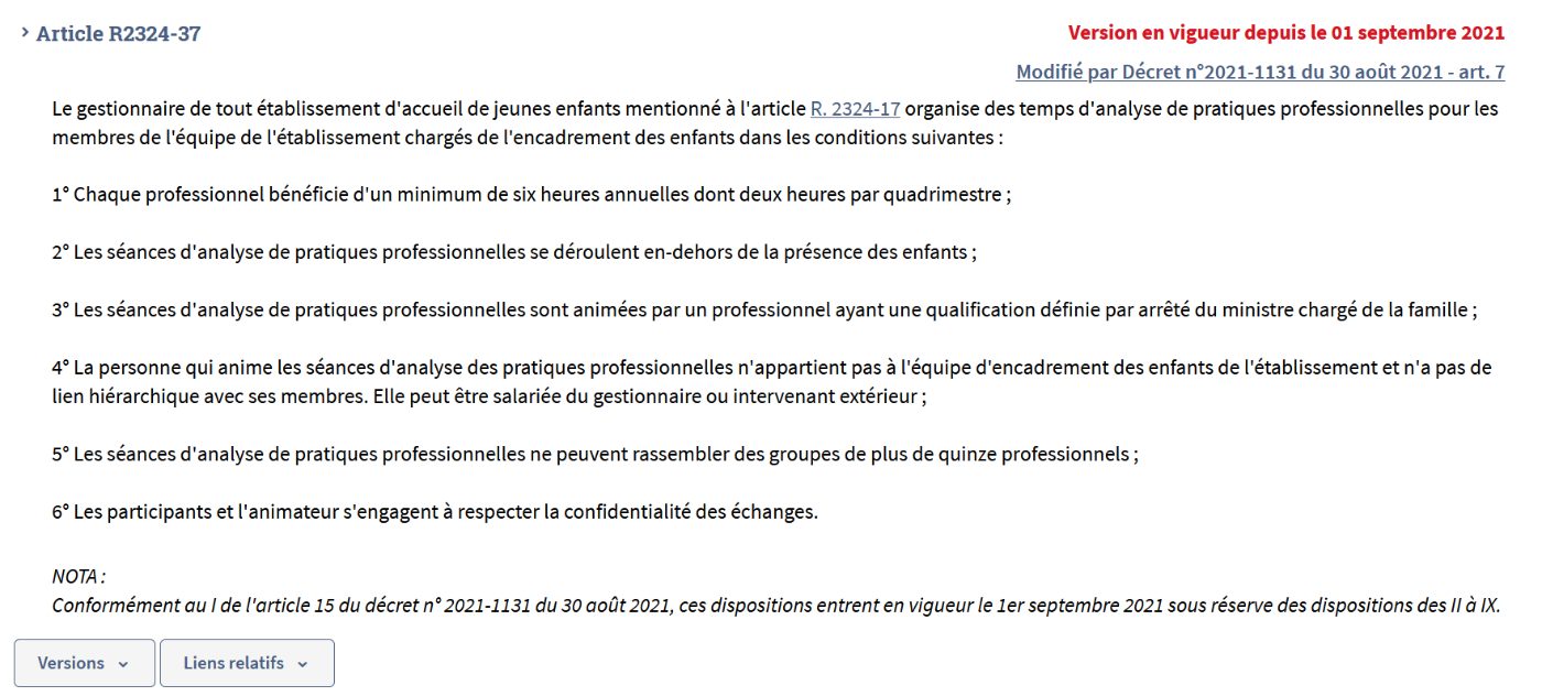 Extrait de l'article R2324-37 du code de la santé publique sur l'analyse des pratiques professionnelles en crèche