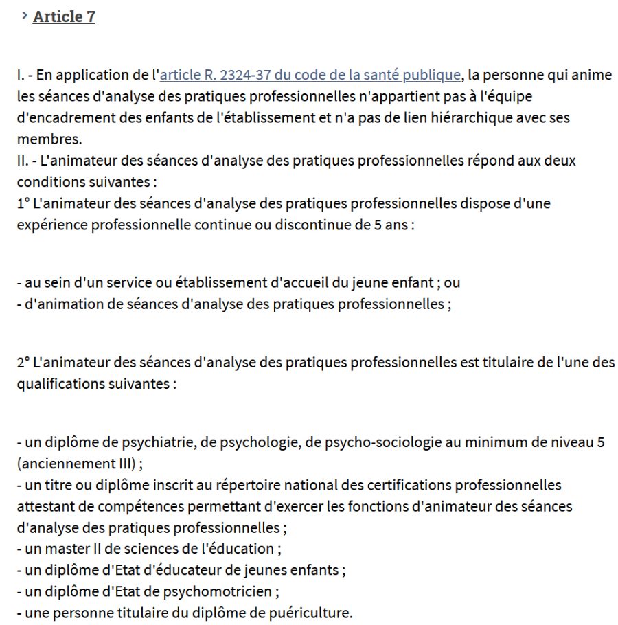 Extrait de l'article 7 précisant les qualifications requises pour animer les séances d'analyse des pratiques professionnelles