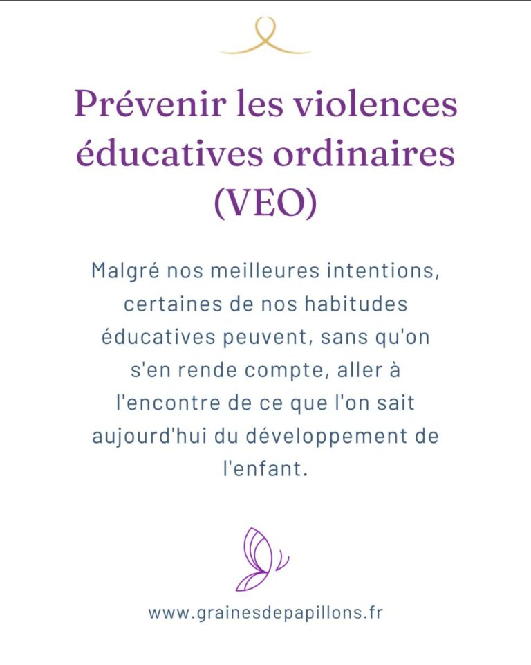 Visuel "Prévenir les violences éducatives ordinaires (VEO)" : titre et texte d'introduction sur fond blanc, ruban doré, papillon violet en ligne fine et lien www.grainesdepapillons.fr