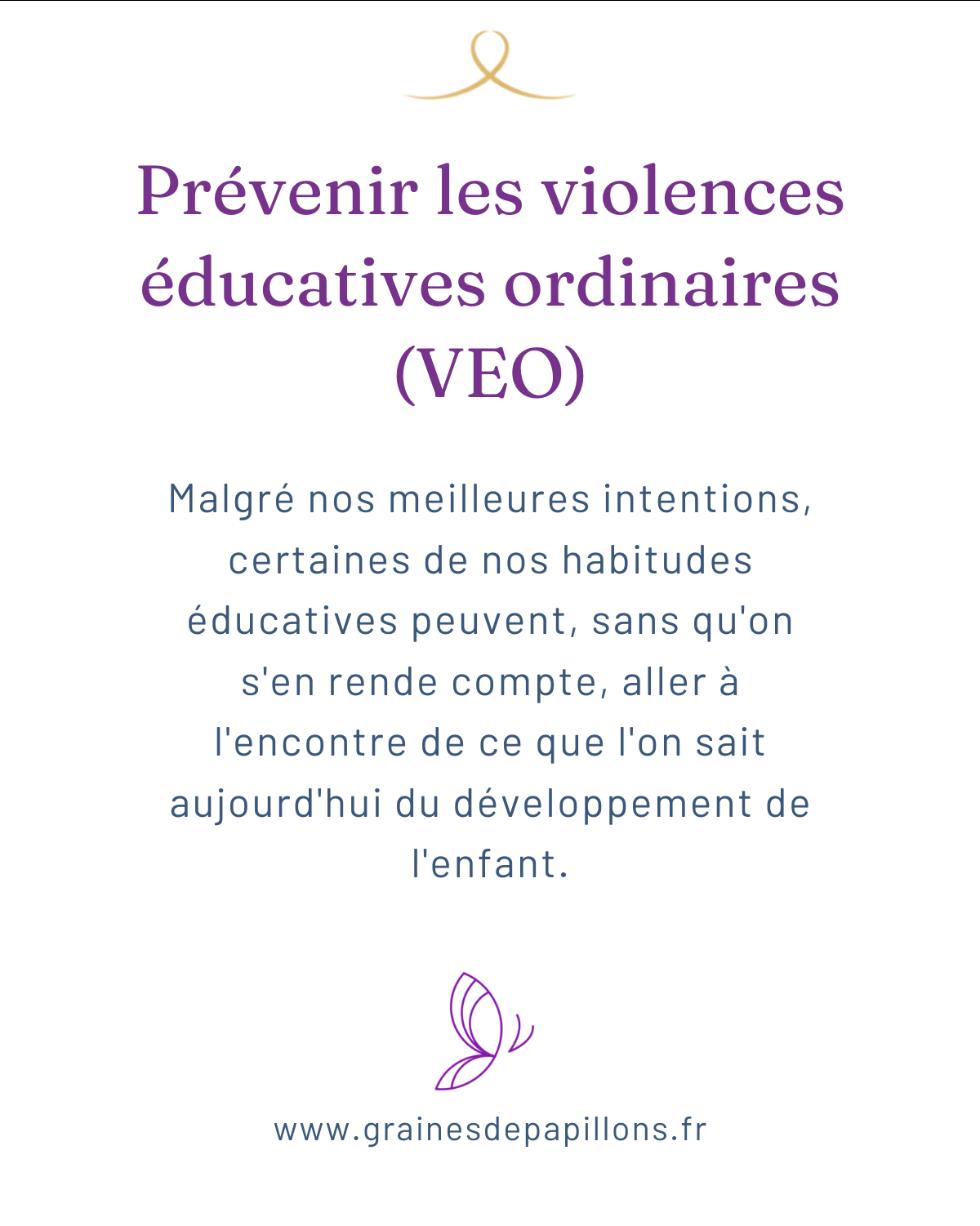 Visuel "Prévenir les violences éducatives ordinaires (VEO)" : titre et texte d'introduction sur fond blanc, ruban doré, papillon violet en ligne fine et lien www.grainesdepapillons.fr
